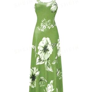 SHEIN Green White Floral Satin Maxi Slip Dress XL Spaghetti Strap Scoop Neck.